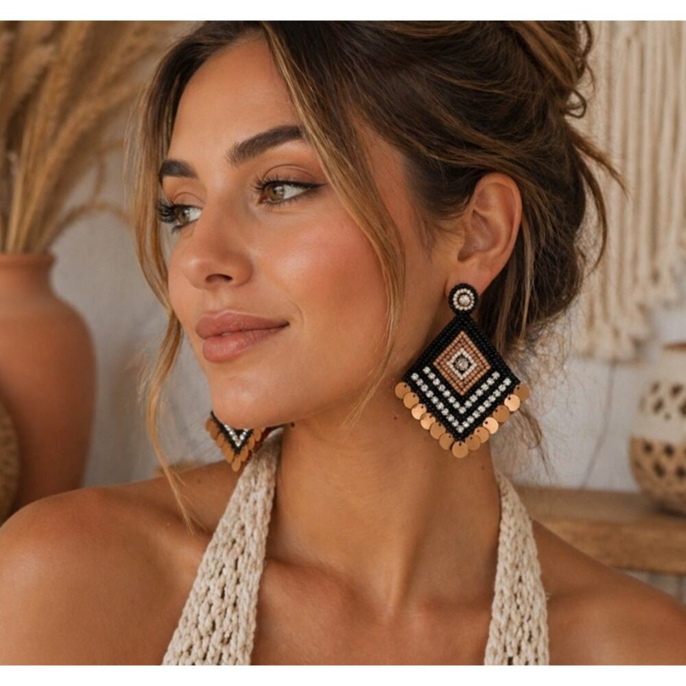 Kay Lee Black Gold Beaded Earrings New